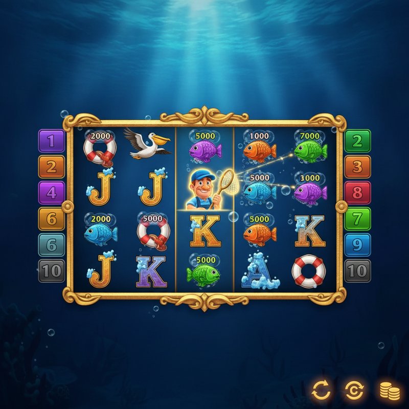 Fishin Frenzy free spins round with fisherman wild collecting fish prize values from the reels