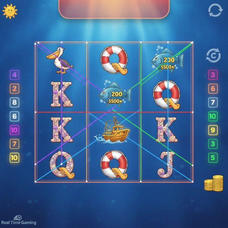 Fishin Frenzy gameplay showing coloured paylines across the five by three reel grid
