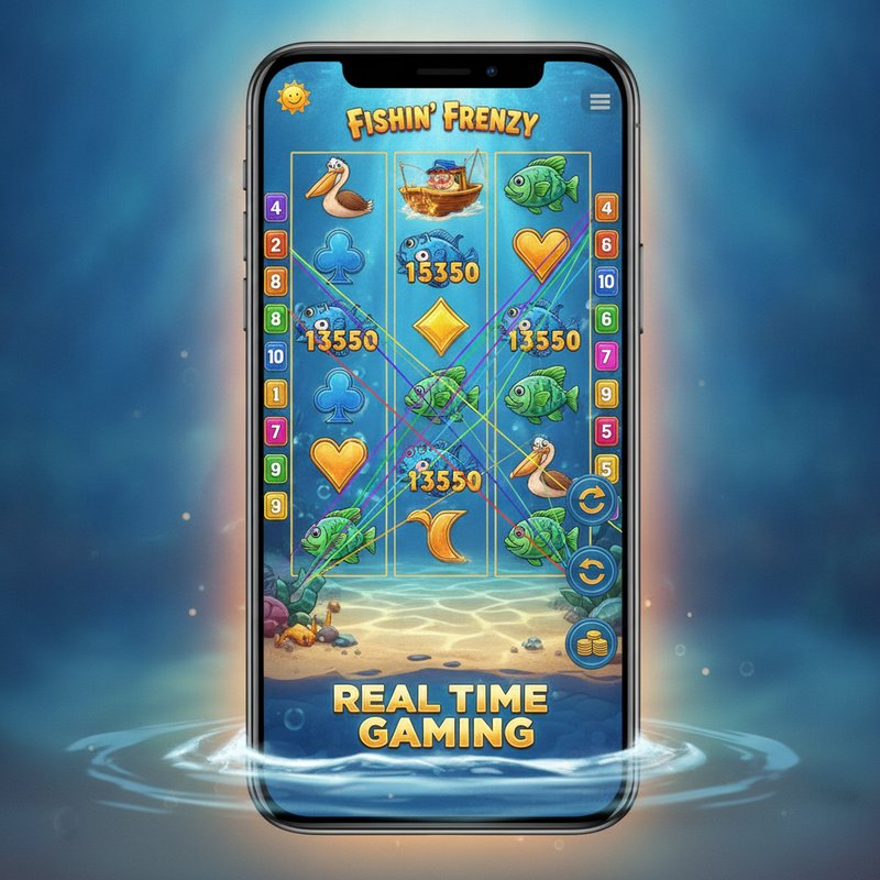 Fishin Frenzy slot displayed on a mobile device with Real Time Gaming branding